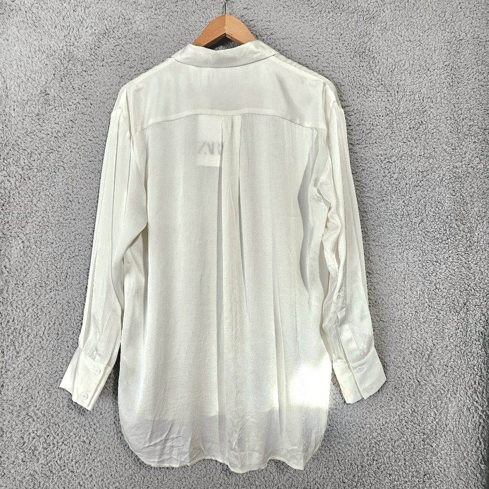 Zara Off White Satin Button Up Shirt S Small Long Sleeve Blouse Office Women's - Picture 3 of 13